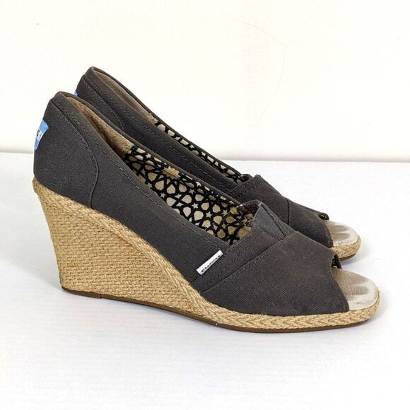 Toms Stella Dark Gray Peep Toe Jute Espadrille Wedges 8 - Picture 1 of 8